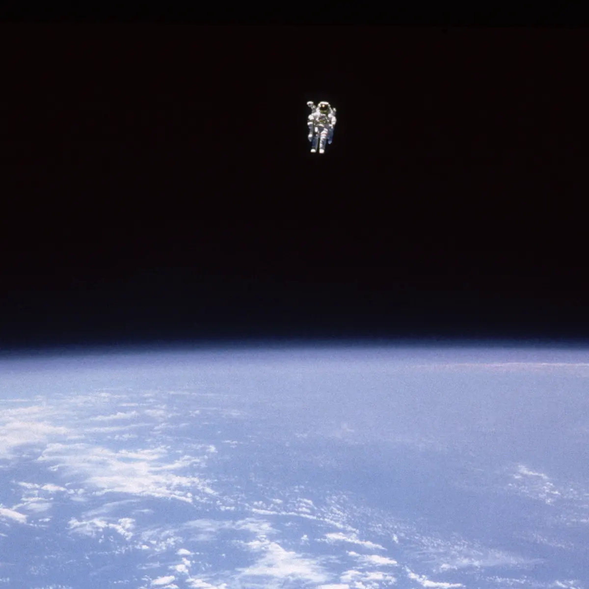 Astronaut Bruce McCandless Performs the First Untethered Spacewalk on February 7, 1984.
